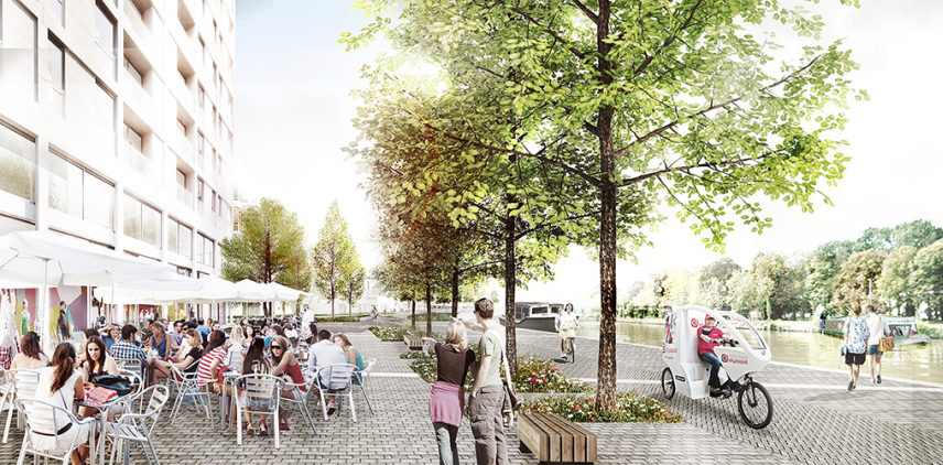 rendu du quai en pierre où des personnes sont assises sur une terrasse entourée d'arbres