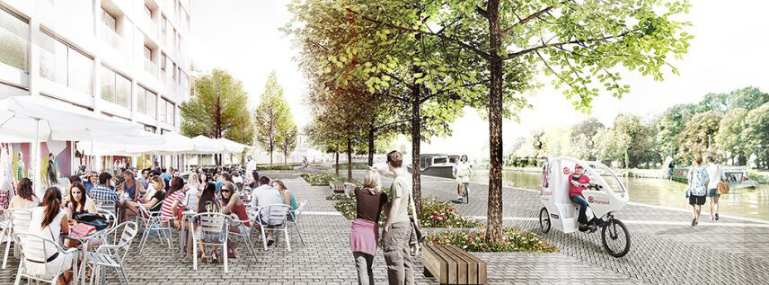 render van de Steenkaai waarop mensen een terrasje doen omgeven door bomen