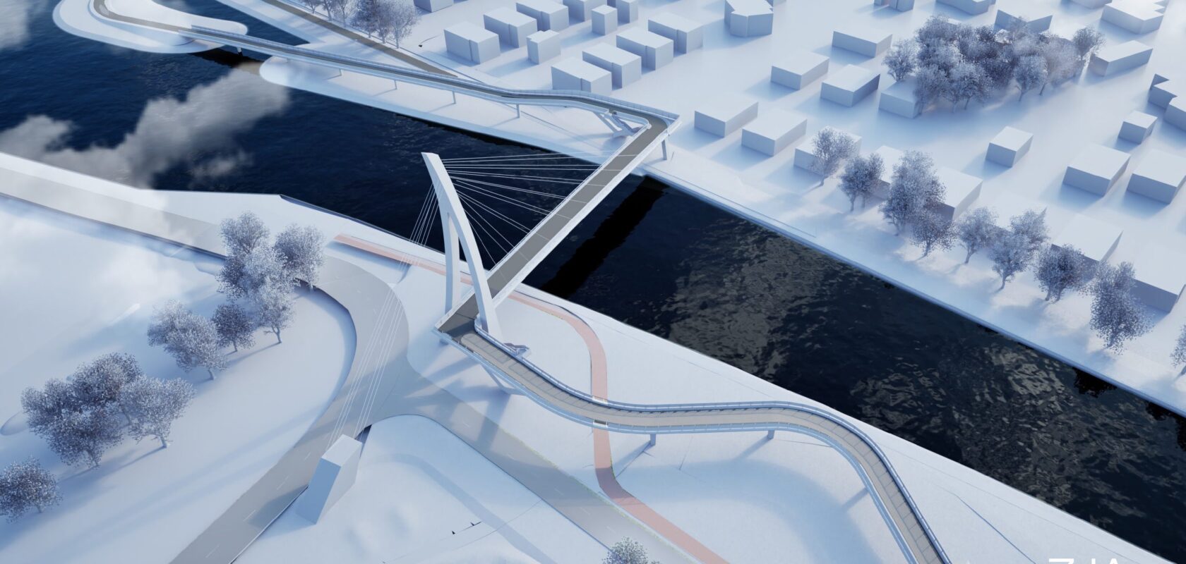 A digital illustration of a bridge spanning a river, showcasing its architectural design against a serene water backdrop.