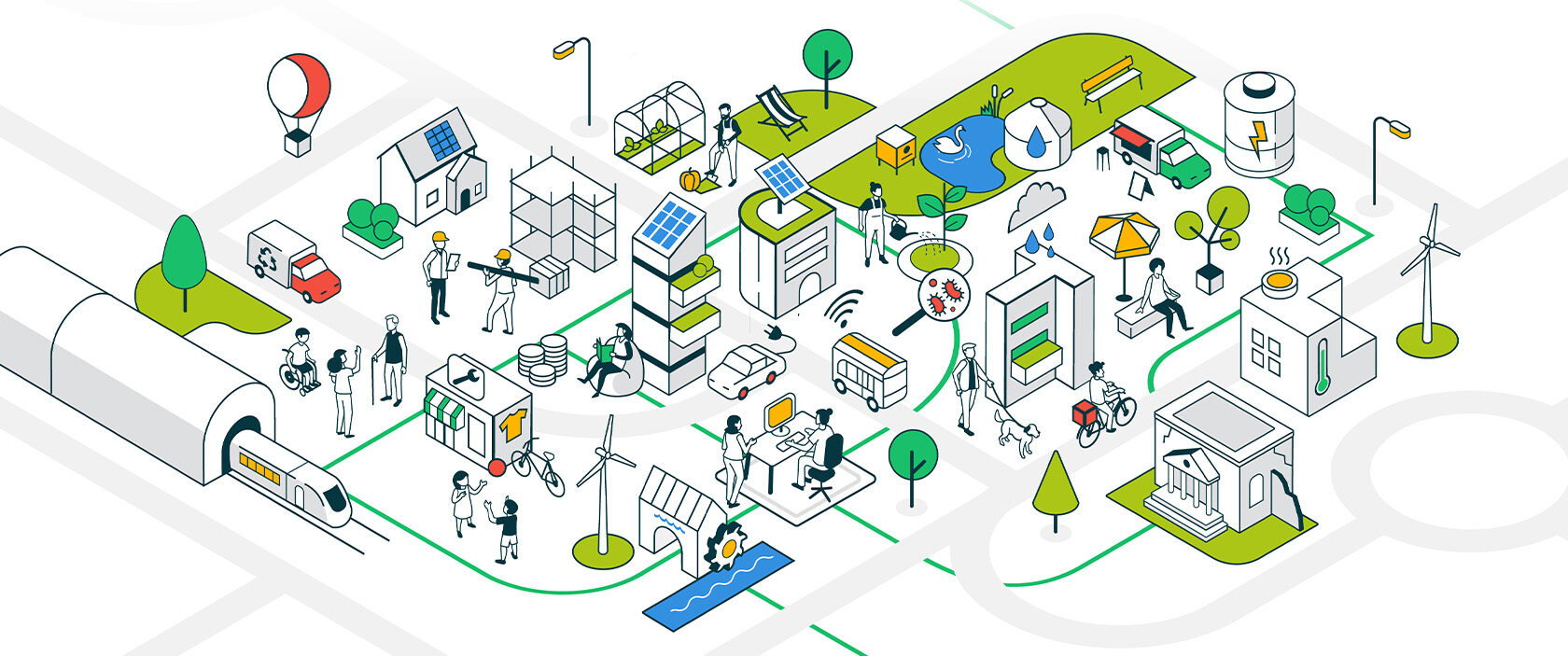 je ziet een illustratie van een stad waarin mensen werken, bouwen, spelen, praten... Er zijn gebouwen, winkel, een treinstation en een park met een vijver.