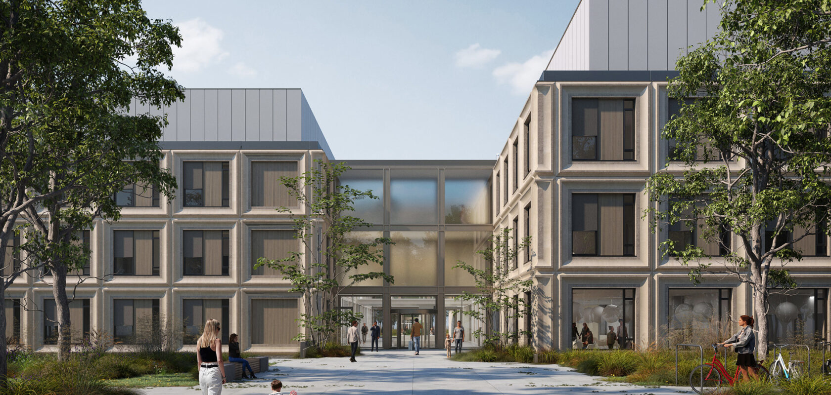 visualisation of a hospital entrance with trees