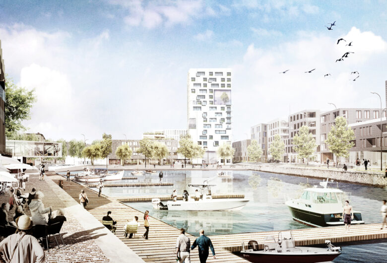 Render van het Coronmeuse project. Je ziet het water van de Maas en mensen die zich onstpannen op de kade errond.