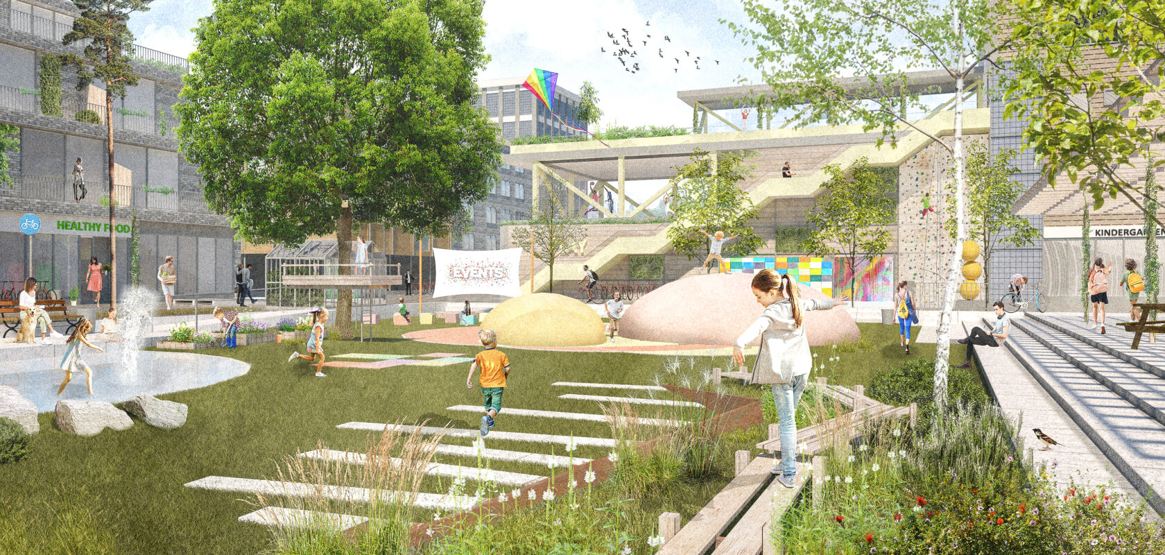 you see a city scenery with kids playing in a green area