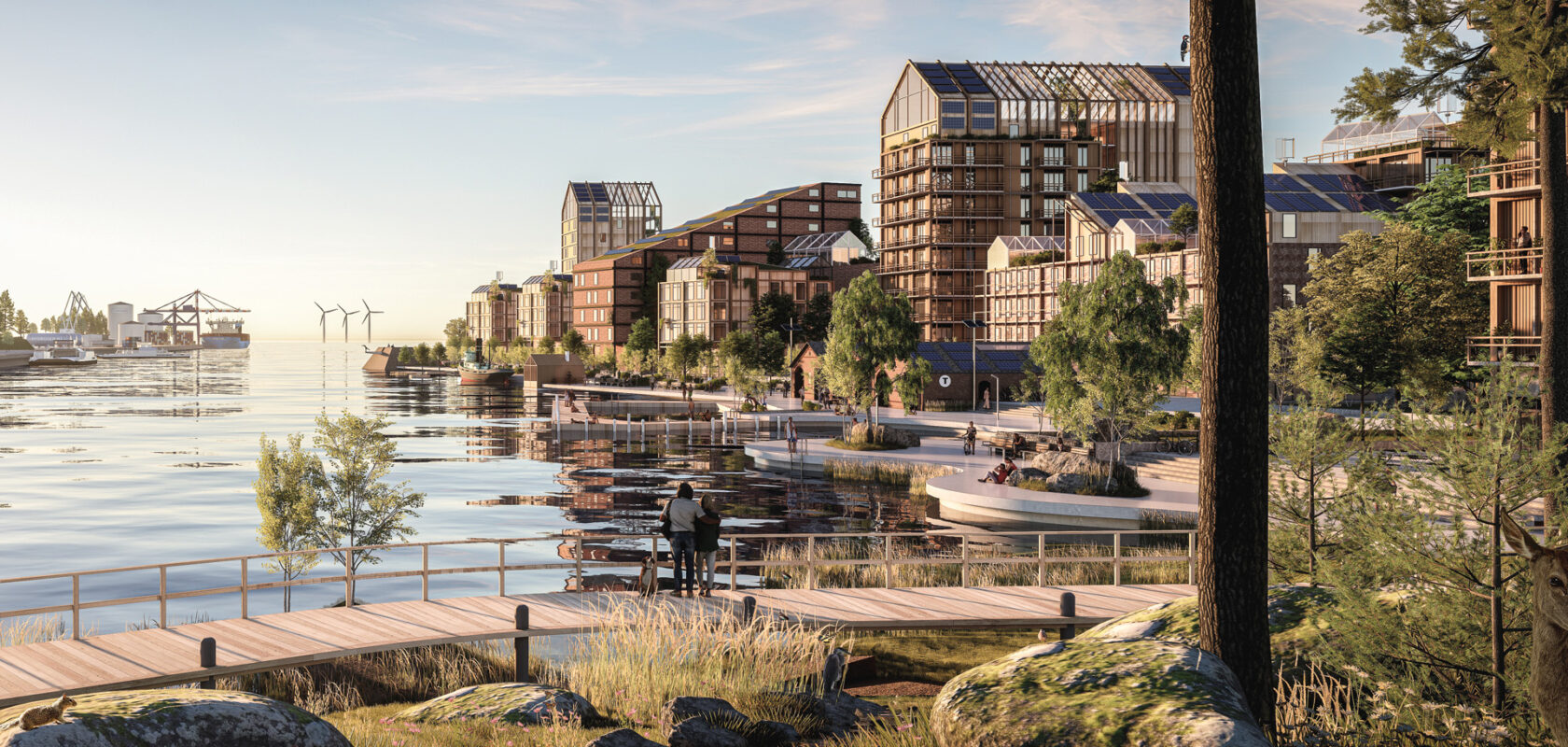 zicht op een stad met water en groen