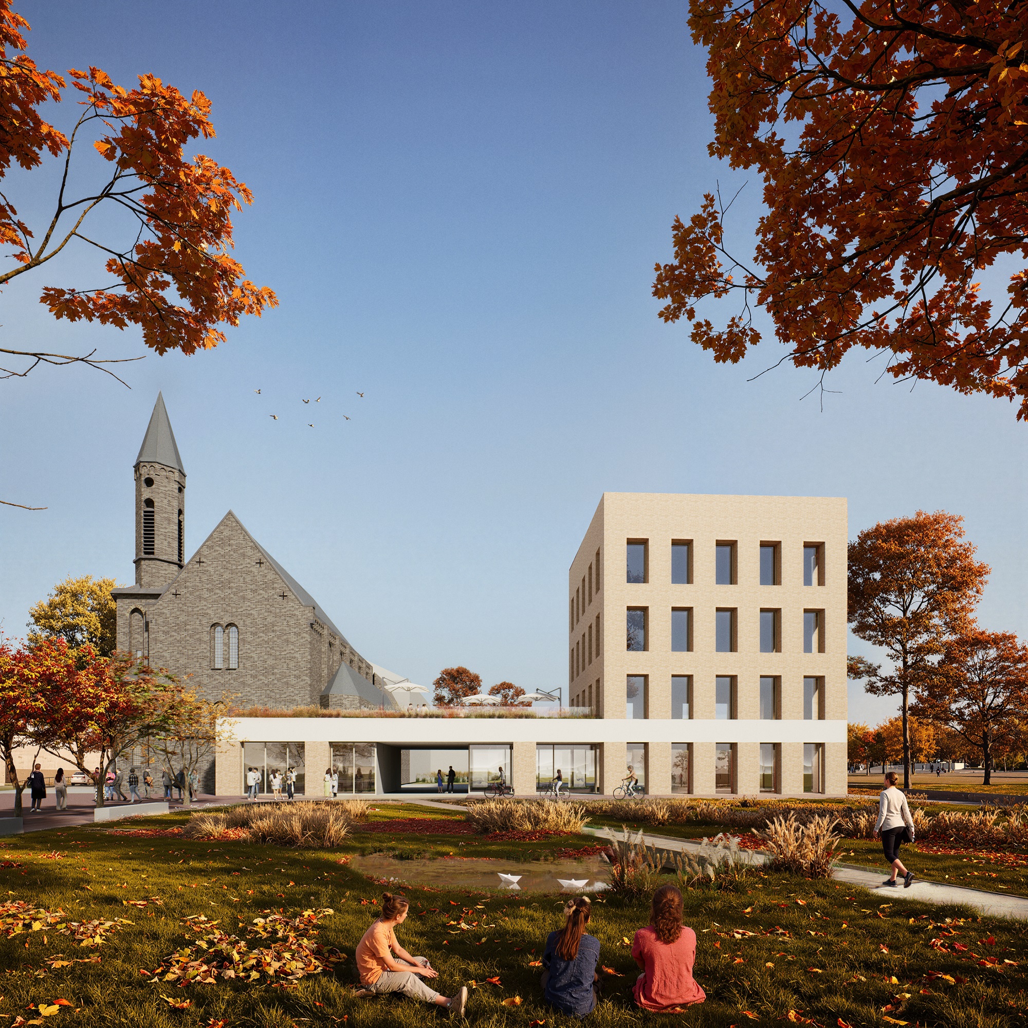 visualisation of the administrative building and chapel on the site of Xplo