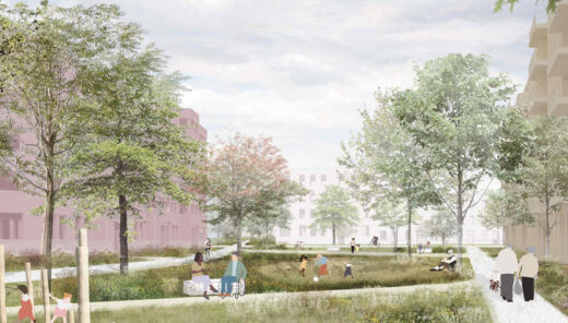 render van de toekomstige Wilgenstraat met gebouwen die tussen het groen staan en mensn die rondwandelen