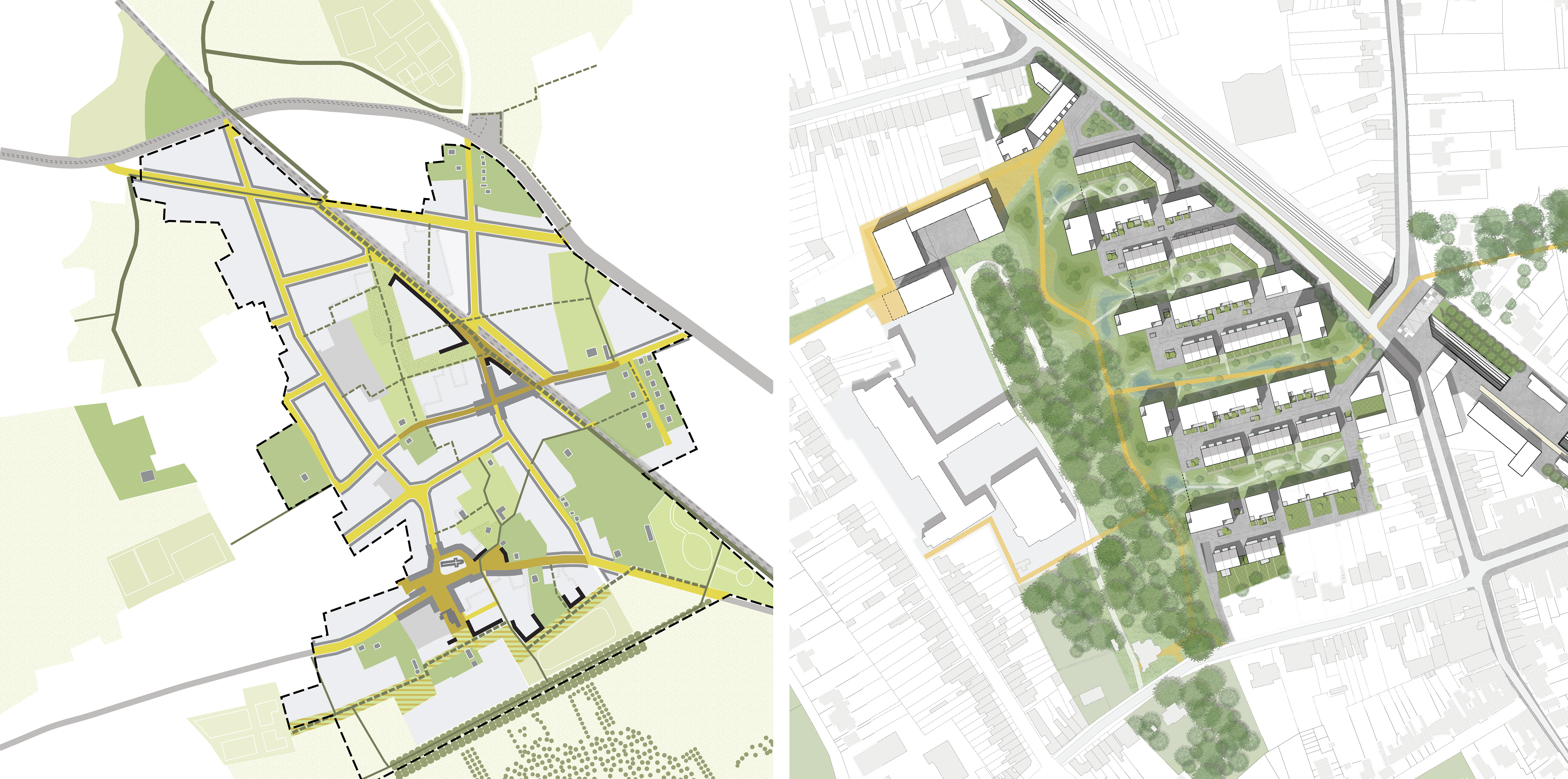 deux croquis du plan directeur de Midden Boechout côte à côte l'un de l'autre