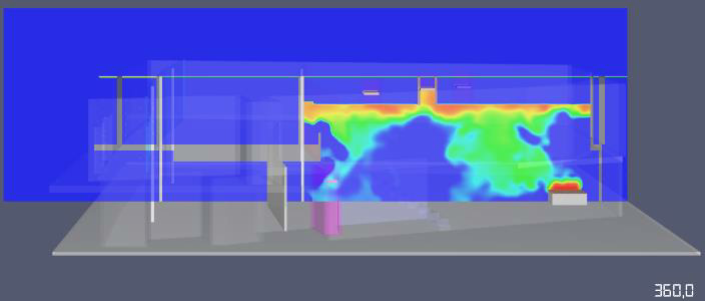 CFD simulation of a fire scenario in the SILT event hall, to analyse ASET and RSET, 360 seconds after start of the fire