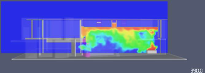 CFD simulation of a fire scenario in the SILT event hall, to analyse ASET and RSET, 390 seconds after start of the fire