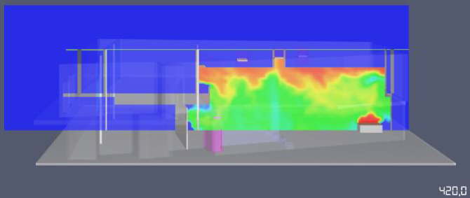CFD simulation of a fire scenario in the SILT event hall, to analyse ASET and RSET, 420 seconds after start of the fire