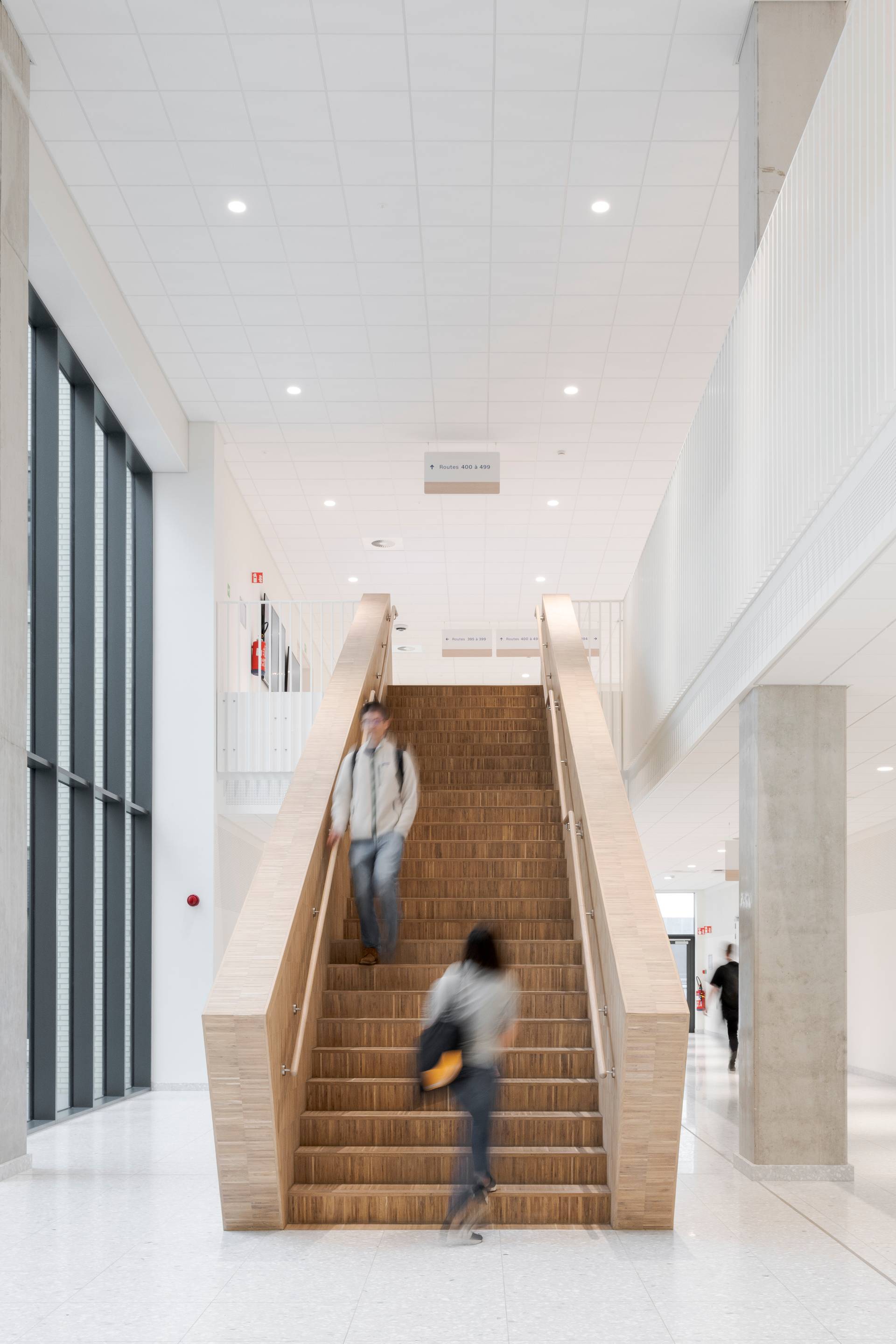 interior photo of the new Grand Hopital de Charleroi hospital, with a timber staircase