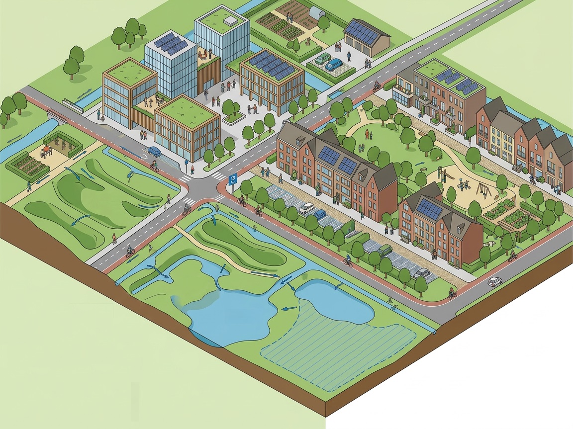 AI generated 2D isometric view of a city district with water management, permeable roads and green spaces