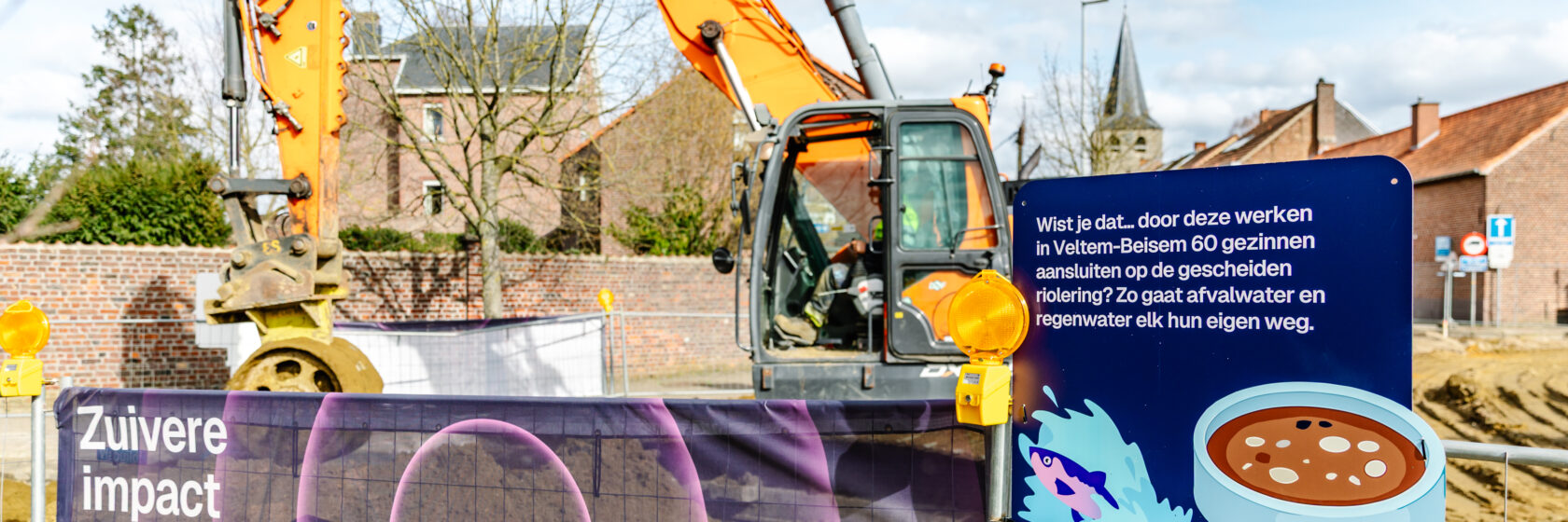 gele graafmachine en kleurrijke signalisatie over rioleringswerken