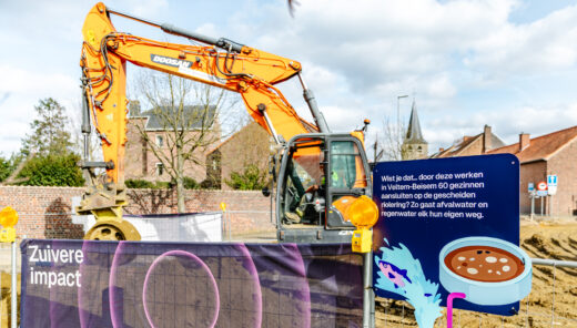 gele graafmachine en kleurrijke signalisatie over rioleringswerken