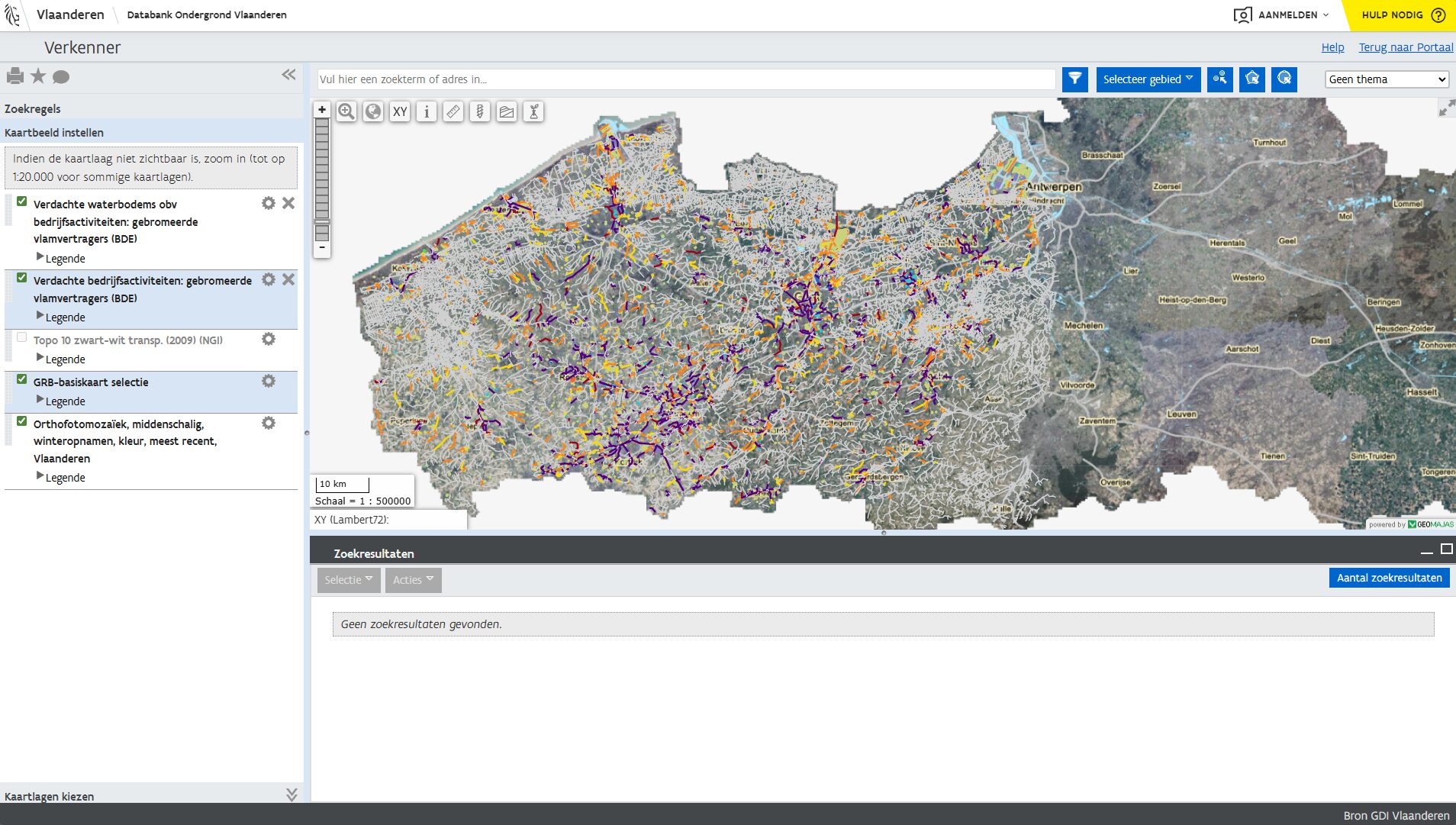 screenshot of the DOV database, with maps showing results of Sweco mapping assignments for hotspots of BFRs in Flanders