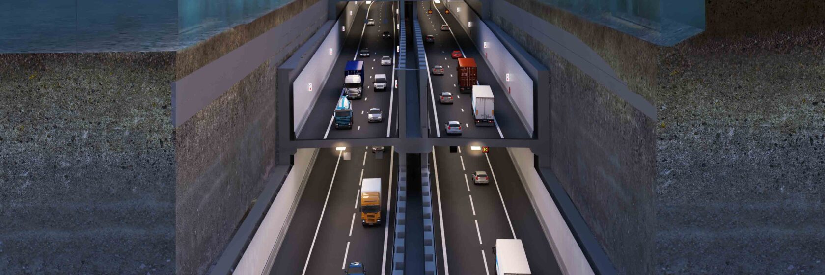 render of a cross-section of Oosterweel, showing a traffic tunnel underwater.