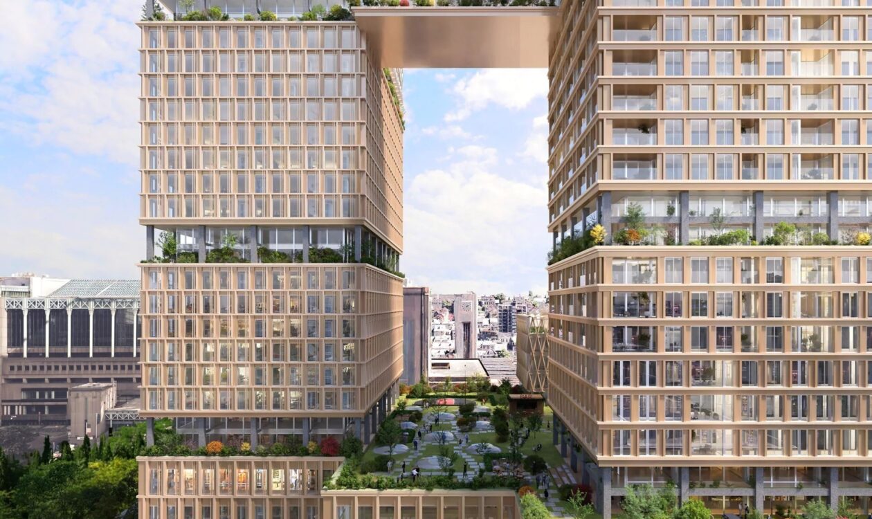 render of Proximus Tower, exterior view zooming in on the raised gardens