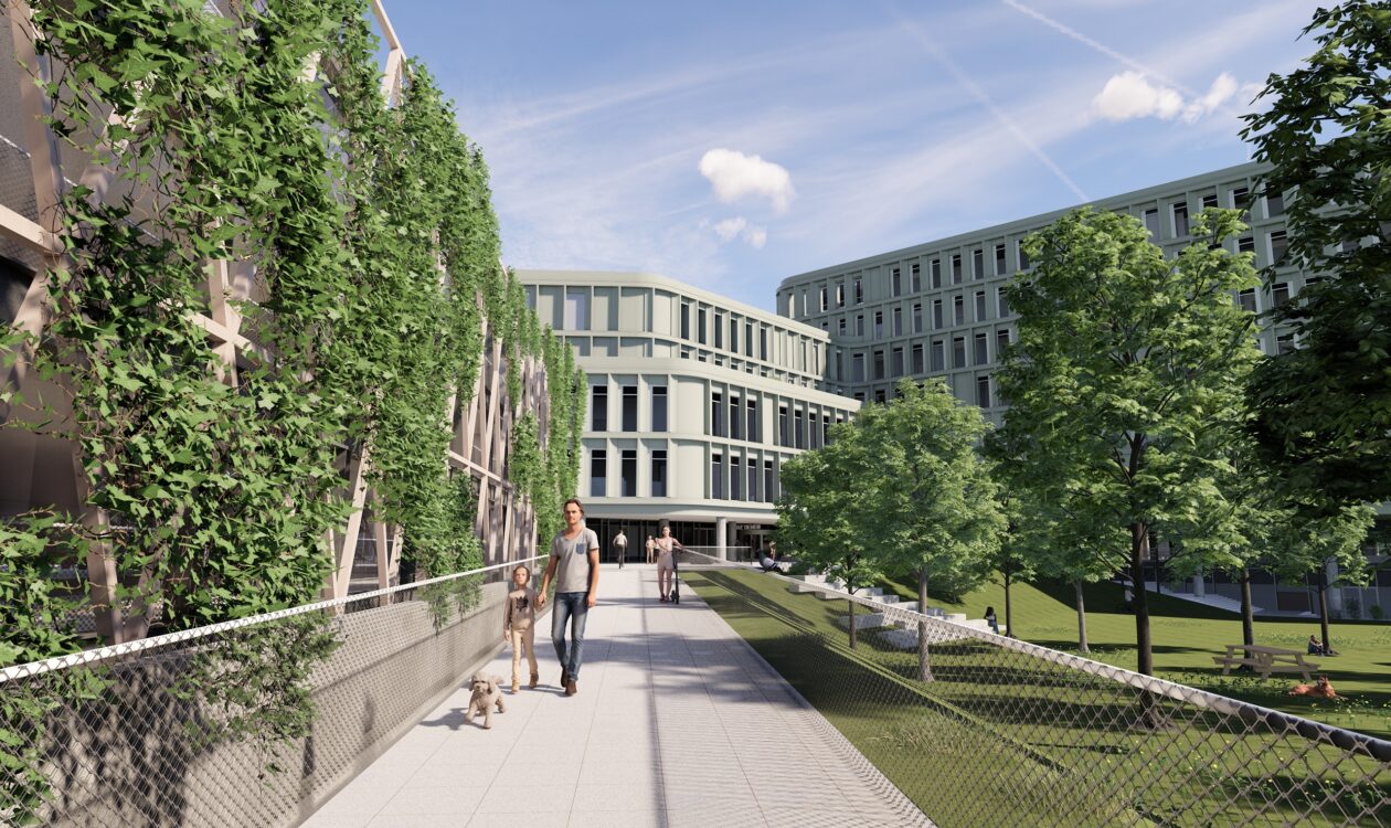 render of the new H. Hart Hospital in Tienen, exterior view on green environment - Sweco Architects