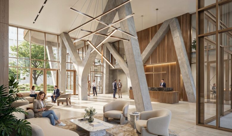 render of the offices building Lex 85, showing the lobby