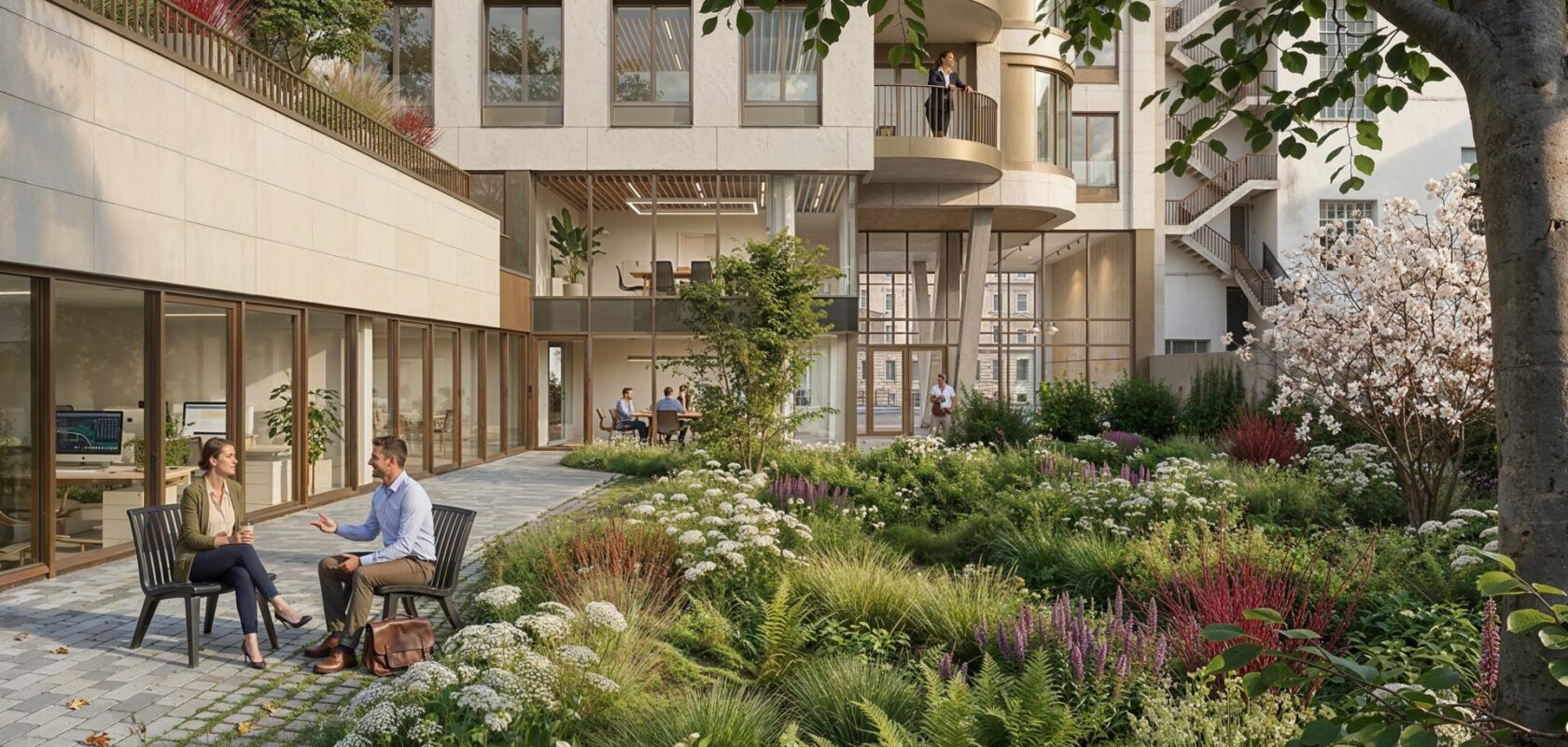 render of the offices building Lex 85, showing the inner courtyard with greenery