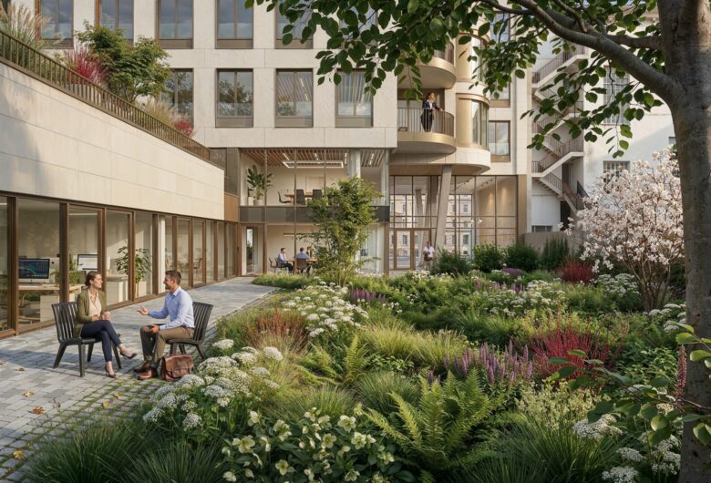 render of the offices building Lex 85, showing the inner courtyard with greenery