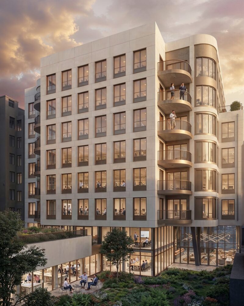 render of the offices building Lex 85, showing the facade at the back with an inner courtyard and terraces