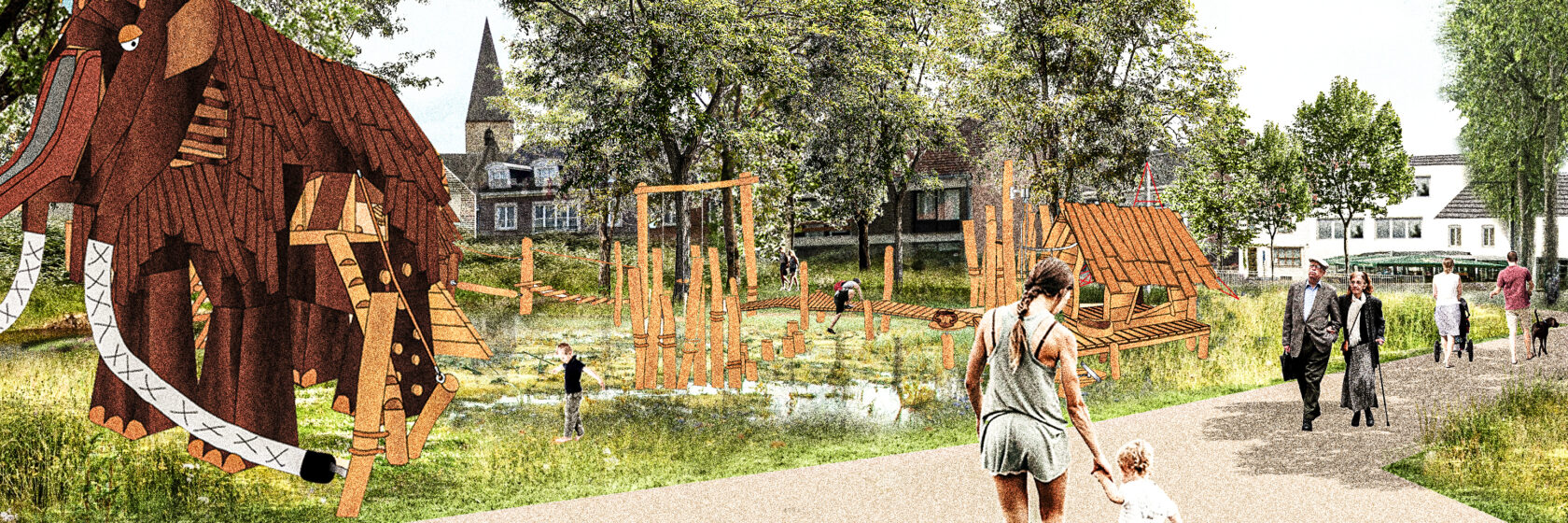 render: moeder met kind wandelen voorbij speeltuin in de vorm van een mammoet
