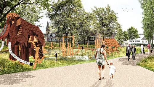 render: moeder met kind wandelen voorbij speeltuin in de vorm van een mammoet
