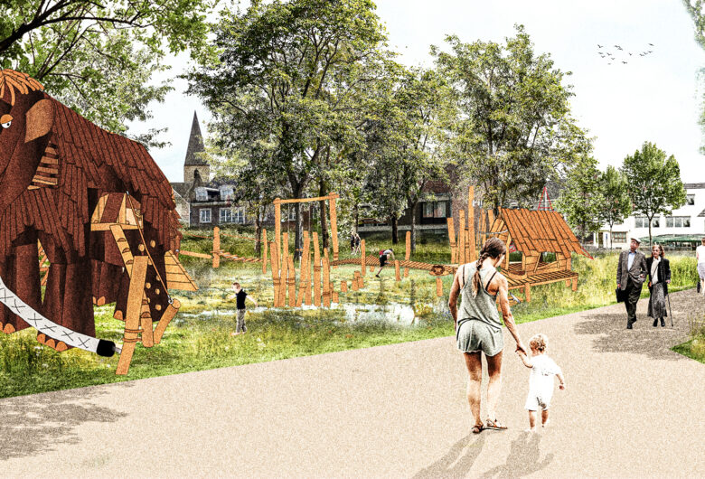 render: moeder met kind wandelen voorbij speeltuin in de vorm van een mammoet