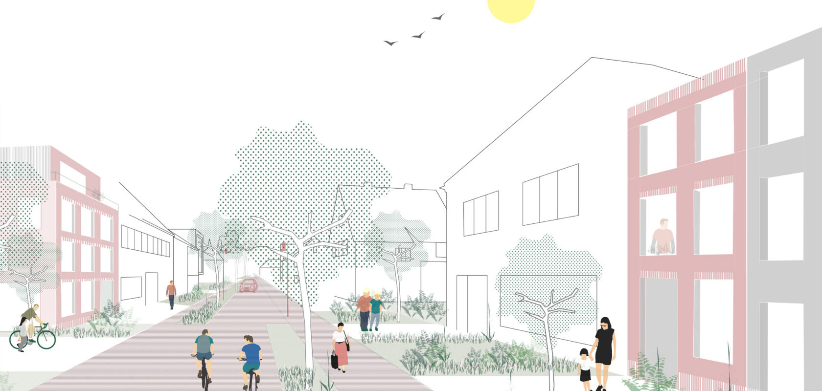 beeld van hoe een woonzone eruit kan zien: wandelende mensen, woningen, bomen
