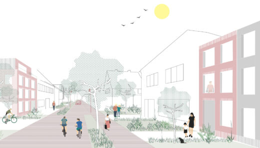 beeld van hoe een woonzone eruit kan zien: wandelende mensen, woningen, bomen