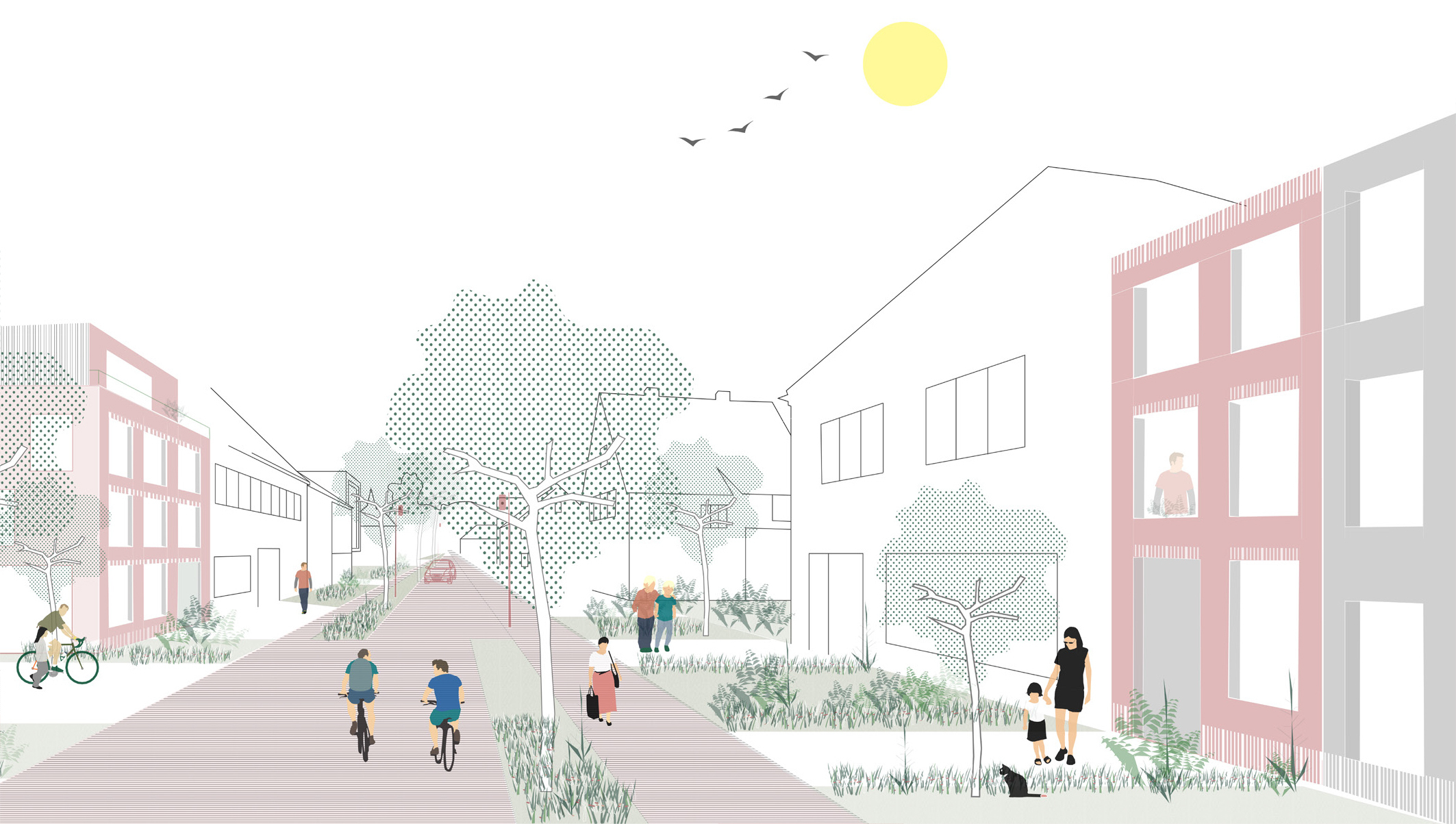 beeld van hoe een woonzone eruit kan zien: wandelende mensen, woningen, bomen